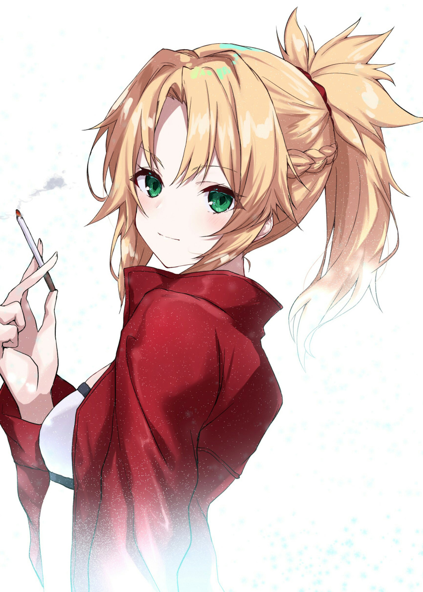 1girl absurdres bangs blonde_hair blush braid breasts cigarette commentary_request crop_top eyebrows_visible_through_hair fate_(series) from_side green_eyes hair_ornament hair_scrunchie highres holding holding_cigarette jacket looking_at_viewer medium_hair mordred_(fate) mordred_(fate)_(all) na-code_(gurich) ponytail red_jacket red_scrunchie scrunchie simple_background small_breasts smile solo upper_body white_background