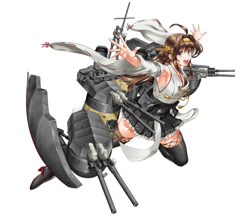 1girl ahoge black_skirt boots brown_hair byeontae_jagga cannon detached_sleeves double_bun frilled_skirt frills graphite_(medium) hairband headgear highres japanese_clothes kantai_collection kongou_(kantai_collection) long_hair nontraditional_miko pleated_skirt remodel_(kantai_collection) ribbon-trimmed_sleeves ribbon_trim rigging sarashi simple_background skirt smokestack solo thigh-highs thigh_boots traditional_media turret violet_eyes white_background wide_sleeves