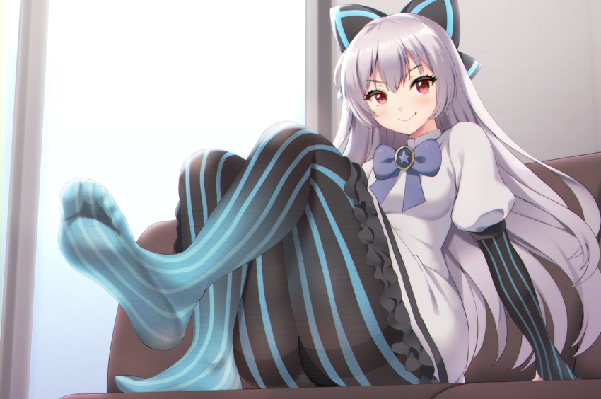 1girl arm_support bangs black_bow blue_bow blue_legwear blue_stripes blush bow breasts brooch commentary_request dress elbow_gloves eyebrows_visible_through_hair eyelashes feet frilled_dress frills full_body girls_frontline gloves gradient gradient_legwear hair_bow highres jewelry juliet_sleeves knees_together_feet_apart long_sleeves looking_at_viewer medium_breasts pantyhose partly_fingerless_gloves puffy_sleeves red_eyes shiny shiny_hair short_sleeves sidelocks silver_hair sitting soles solo striped striped_legwear toes tokarev_(girls_frontline) vertical-striped_gloves vertical-striped_legwear vertical_stripes white_dress yamagara_tasuku
