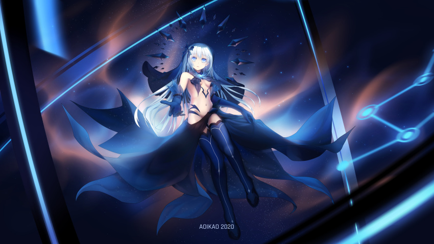 1girl absurdres aoi_kao_(lsz7106) bare_shoulders blue_bow blue_dress blue_eyes blue_gloves blue_legwear blue_theme bow breasts commentary_request crown date_a_live dress elbow_gloves expressionless feather-trimmed_gloves floating from_below full_body gloves groin hair_between_eyes hair_bow highres leg_up legs long_dress long_hair looking_at_viewer medium_breasts midriff navel night night_sky no_panties open_mouth reaching_out revealing_clothes sapphire_(gemstone) see-through silver_hair skirt_hold sky solo starry_background starry_sky_print thighs tobiichi_origami veil very_long_hair