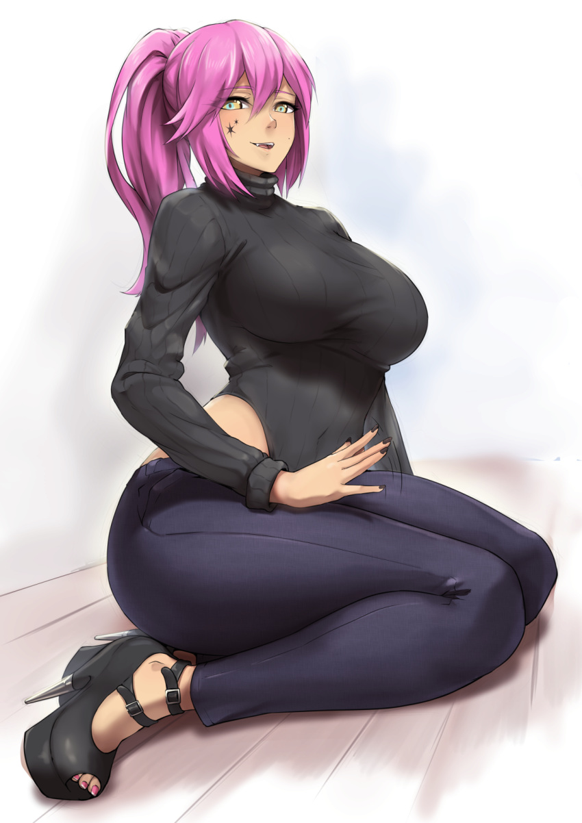 1girl blue_eyes breasts commission denim high_heels highres jeans large_breasts long_hair looking_at_viewer multicolored multicolored_eyes orange_eyes original packge pants parted_lips patting_lap ponytail ribbed_sweater seiza sitting smile solo sweater thick_thighs thighs turtleneck turtleneck_sweater