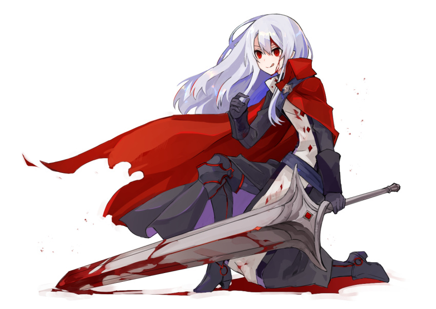 androgynous black_footwear black_gloves blood blood_on_face bloody_weapon cape emael_(pixiv_fantasia_revenge_of_the_darkness) full_body gloves holding holding_sword holding_weapon kneeling licking_lips long_hair pixiv_fantasia pixiv_fantasia_revenge_of_the_darkness red_cape silver_hair sword tongue tongue_out tori_(10ri) very_long_hair weapon white_background