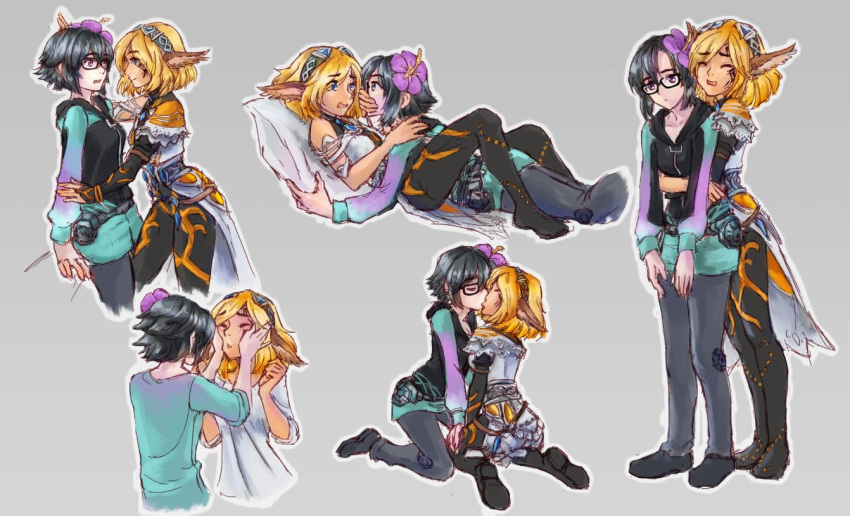 celica_(xenoblade_x) closed_eyes couple cross_(xenoblade_x) flower glasses hair_flower hair_ornament hairband hands_on_another's_cheeks hands_on_another's_face hood hoodie hug hug_from_behind kiss knees_up lilithcosa long_pants multiple_views on_bed pants pillow purple_flower xenoblade_(series) xenoblade_x yuri