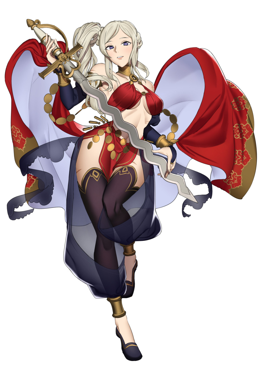 1girl absurdres black_legwear bridal_gauntlets cosplay ebinku edelgard_von_hresvelg fire_emblem fire_emblem:_three_houses fire_emblem_awakening fire_emblem_heroes full_body highres holding holding_sword holding_weapon long_hair olivia_(fire_emblem) olivia_(fire_emblem)_(cosplay) parted_lips side_ponytail simple_background solo sword thigh-highs violet_eyes weapon white_background white_hair