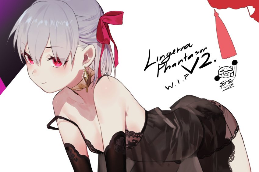 1girl all_fours artist_name bangs bare_shoulders black_dress black_panties blush breasts collarbone commentary detached_sleeves dress earrings eyebrows_visible_through_hair fate/grand_order fate_(series) feet_out_of_frame hair_between_eyes hair_ribbon jewelry kama_(fate/grand_order) looking_at_viewer medium_breasts panties red_eyes ribbon salmon88 short_hair silver_hair simple_background smile solo underwear white_background