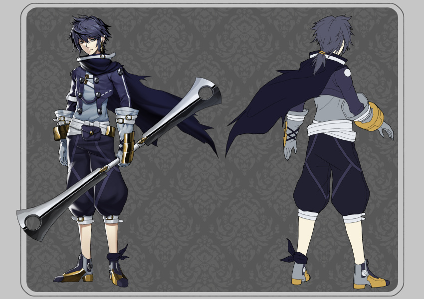 1boy absurdres belt belt_buckle black_hair blue_scarf buckle character_sheet closed_mouth earrings eyebrows_visible_through_hair gauntlets gloves grey_eyes hair_between_eyes highres holding holding_sword holding_weapon jewelry male_focus multiple_views neko_sheep original pouch scarf single_earring solo standing sword torn_clothes weapon white_gloves