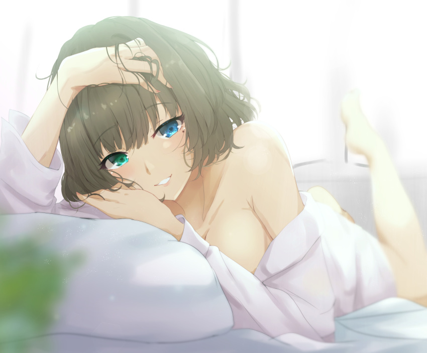 1girl :d absurdres bare_legs barefoot bed blue_eyes blush breasts collar collarbone collared_shirt curtains eyebrows_visible_through_hair feet_up green_eyes green_hair hair_between_eyes hand_in_hair hand_on_own_head heterochromia highres idolmaster idolmaster_cinderella_girls indoors long_sleeves looking_at_viewer lying medium_breasts mole mole_under_eye no_bra off_shoulder on_bed on_stomach open_clothes open_mouth open_shirt pillow ryuu. shirt smile solo sunlight takagaki_kaede white_collar white_shirt window