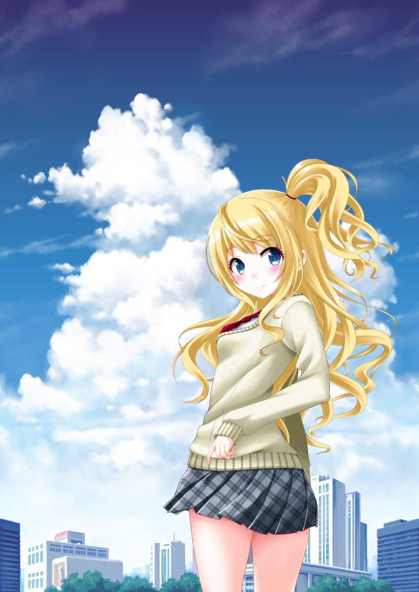 1girl bangs blonde_hair blue_eyes blue_sky blush breasts building closed_mouth clouds cloudy_sky commentary_request day eyebrows_visible_through_hair grey_skirt grey_sweater highres kaze_makase long_hair looking_at_viewer looking_back one_side_up outdoors plaid plaid_skirt pleated_skirt princess_connect! princess_connect!_re:dive red_neckwear school_uniform skirt sky skyscraper small_breasts smile solo standing suzuna_(princess_connect!) suzuna_(real)_(princess_connect!) sweater very_long_hair
