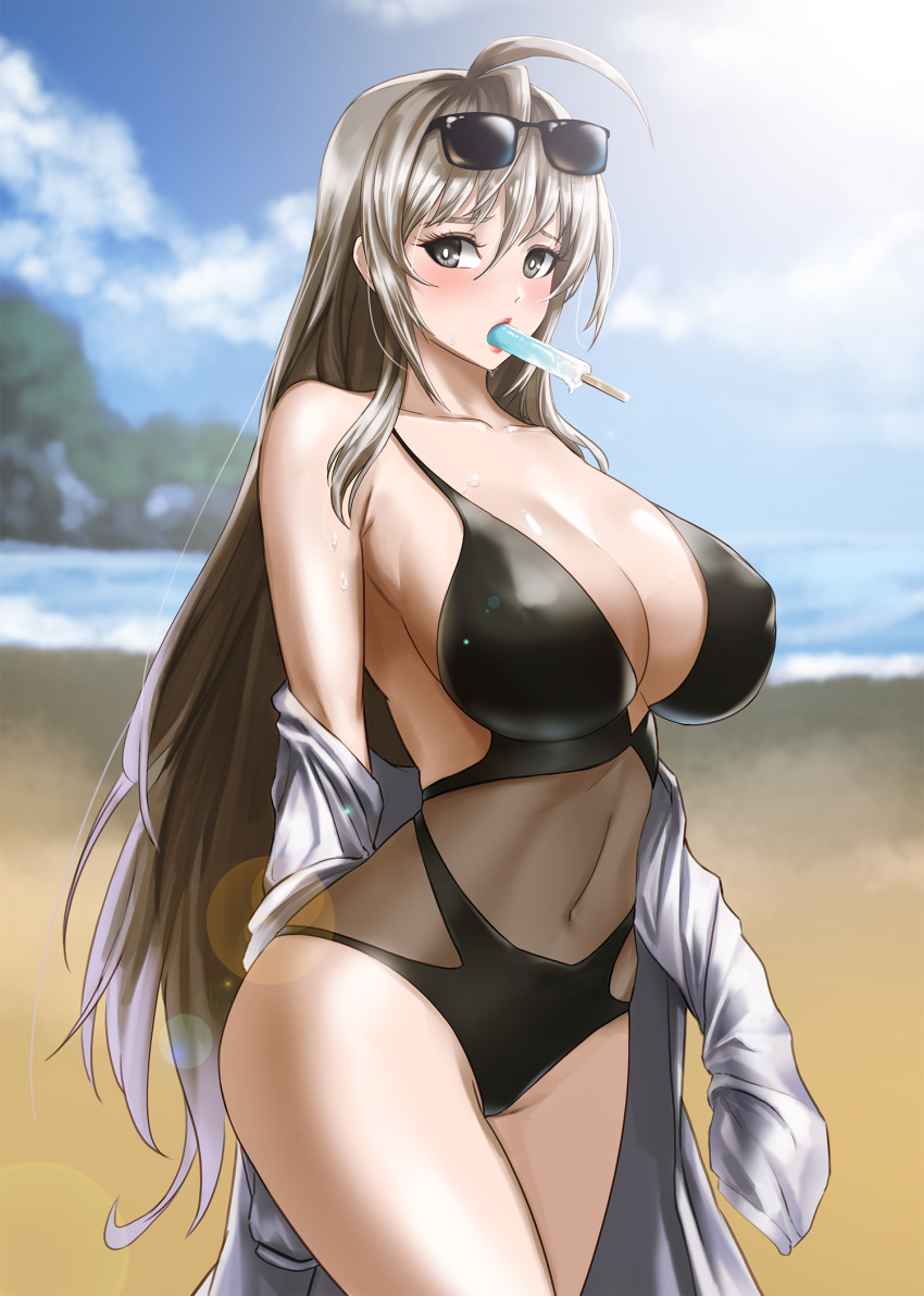 1girl ahoge bare_shoulders beach blonde_hair breasts brown_dust brown_eyes collarbone commentary_request covered_nipples curvy eyewear_on_head food highres huge_breasts kibellin long_hair looking_at_viewer mouth_hold popsicle solo sunglasses sweat thighs very_long_hair wide_hips