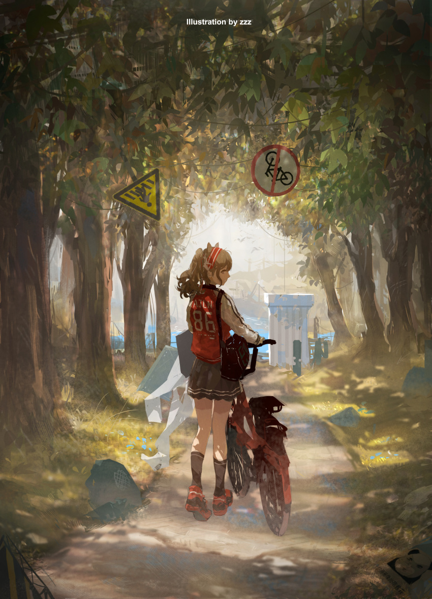 1girl absurdres angelina_(arknights) animal_ears arknights artist_name bag bicycle black_legwear black_skirt brown_eyes brown_hair forest fox_ears from_behind ground_vehicle hairband highres holding jacket jersey leaf long_hair long_sleeves looking_at_viewer nature path pleated_skirt red_footwear red_hairband red_jacket road_sign shoulder_bag sign skirt socks sport standing tree twintails walking water zzz_(orchid-dale)