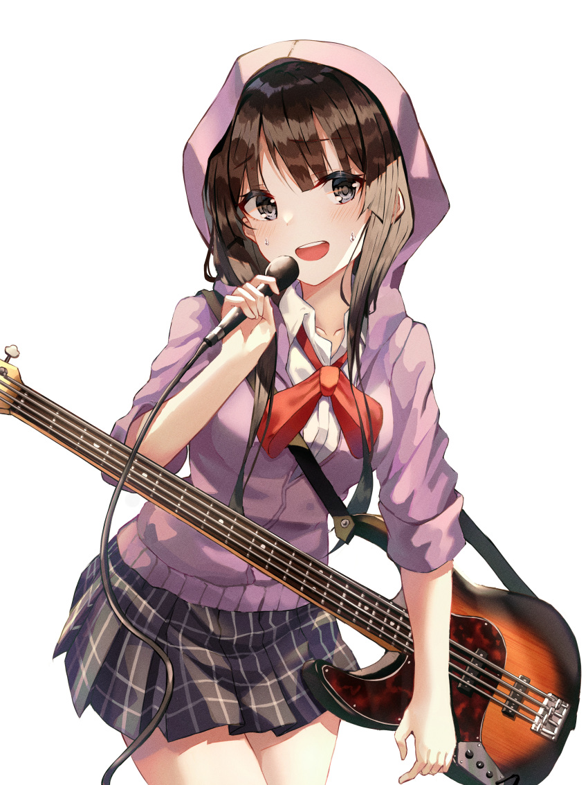 1girl :d absurdres akiyama_mio bangs bass_guitar black_eyes black_hair black_skirt blush cable collared_shirt commentary_request cowboy_shot highres holding holding_microphone hood hood_up hooded_jacket instrument jacket k-on! kerno long_hair long_sleeves microphone miniskirt music neck_ribbon open_mouth plaid plaid_skirt pleated_skirt purple_jacket red_neckwear red_ribbon ribbon shirt short_sleeves simple_background singing skirt smile solo sweat white_background white_shirt