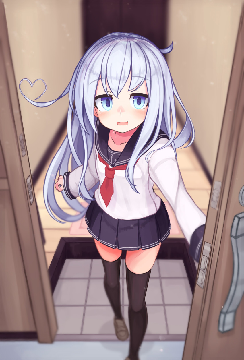 1girl ahoge bangs black_legwear black_skirt blue_eyes blush door doorway eyebrows_visible_through_hair heart heart_ahoge hibiki_(kantai_collection) highres kantai_collection long_hair long_sleeves looking_at_viewer neckerchief open_mouth pleated_skirt pov_doorway red_neckwear reitou_mikan sailor_collar school_uniform serafuku silver_hair skirt solo standing thigh-highs