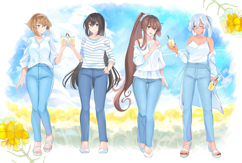 4girls black_hair black_nails blue_legwear breasts brown_eyes brown_hair closed_mouth clothes_around_waist collarbone cup dark_skin denim drinking_glass green_eyes highres jacket_around_waist kantai_collection large_breasts looking_at_another multiple_girls musashi_(kantai_collection) mutsu_(kantai_collection) nagato_(kantai_collection) off_shoulder one_eye_closed open_mouth outdoors ponytail red_eyes sandals sidelocks silver_hair smile toenail_polish twintails white_footwear yamato_(kantai_collection) yunamaro