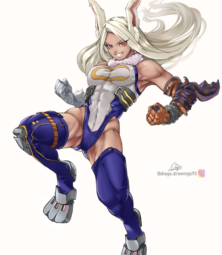 1girl abs absurdres animal_ear_fluff animal_ears armpits ass_visible_through_thighs asymmetrical_gloves bare_shoulders biceps boku_no_hero_academia boots breasts covered_navel dark_skin diegodraws eyes_visible_through_hair fighting_stance floating_hair fur_collar gloves grin highleg highleg_leotard highres impossible_clothes impossible_leotard leotard long_eyelashes long_hair looking_at_viewer medium_breasts midair mirko muscle muscular_female rabbit_ears rabbit_girl red_eyes signature simple_background skin_tight smile solo teeth thigh-highs thigh_boots twisted_torso very_long_hair watermark white_background white_hair