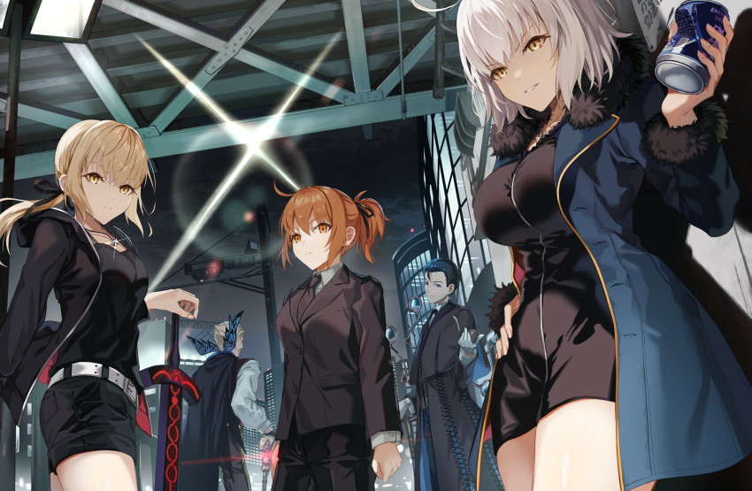 2boys 3girls ahoge artoria_pendragon_(all) bangs belt black_camisole black_dress black_jacket black_neckwear black_pants black_ribbon black_shorts blonde_hair blue_butterfly blue_coat blue_jacket bug building butterfly can cape coat collared_shirt commentary_request crushed_can dark_excalibur dark_persona dress eyebrows_visible_through_hair facial_hair fate/grand_order fate_(series) formal from_below fujimaru_ritsuka_(female) full-length_zipper fur-trimmed_coat fur-trimmed_jacket fur-trimmed_sleeves fur_trim gloves grey_shirt grin hair_slicked_back high_ponytail highres holding holding_can holding_sword holding_weapon insect jacket james_moriarty_(fate/grand_order) jeanne_d'arc_(alter)_(fate) jeanne_d'arc_(fate)_(all) jet_black_king_of_knights_ver._shinjuku_1999 jewelry lens_flare low_ponytail low_tied_hair magnifying_glass mocha_(mokaapolka) multiple_boys multiple_girls mustache necklace night night_sky old_man open_clothes open_coat open_jacket orange_eyes orange_hair pants ponytail ribbon saber_alter sherlock_holmes_(fate/grand_order) shirt short_dress short_hair short_shorts shorts sidelocks silver_hair sky smile standing suit sword thighs weapon white_belt white_gloves wicked_dragon_witch_ver._shinjuku_1999 yellow_eyes zipper