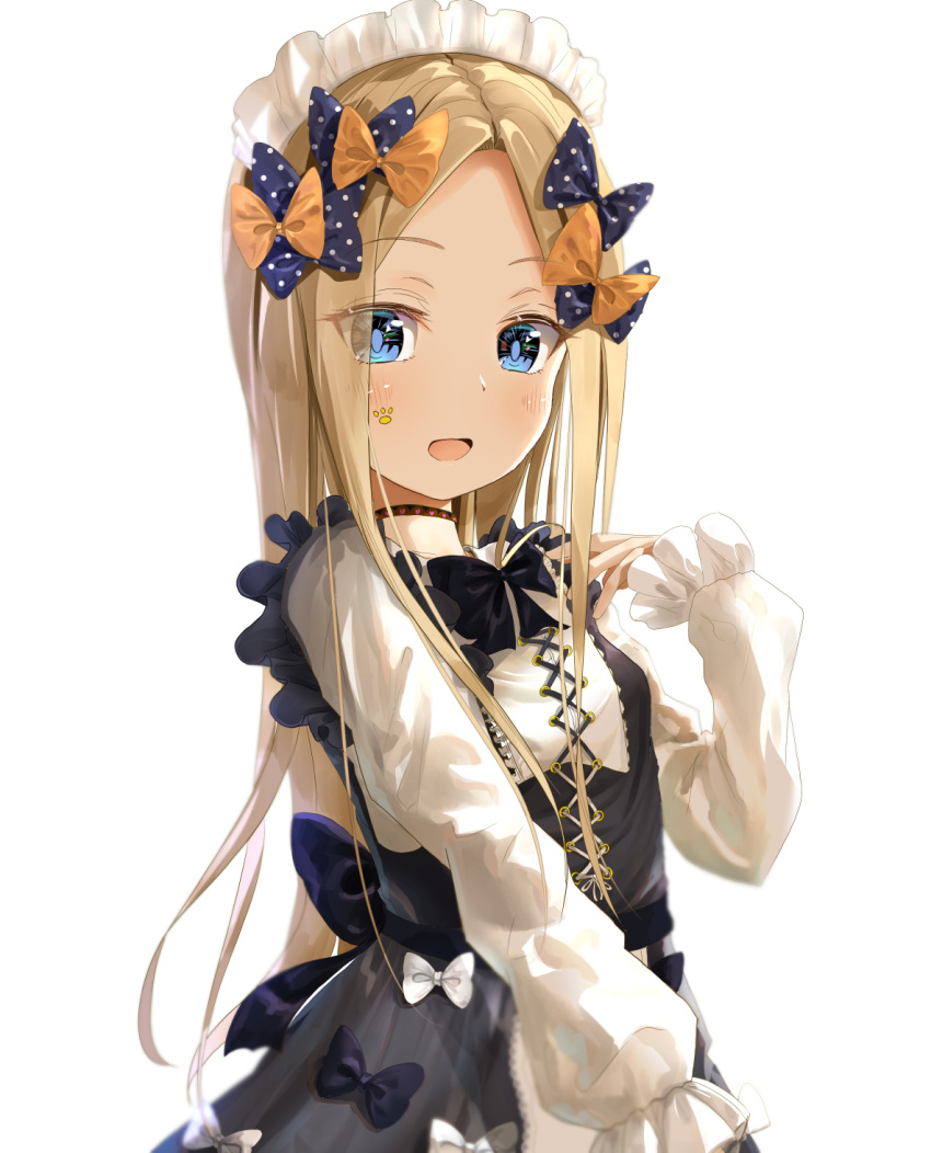 1girl abigail_williams_(fate/grand_order) alternate_costume apron bangs black_bow black_dress blonde_hair blue_eyes blush bow breasts dress enmaided fate/grand_order fate_(series) forehead hair_bow highres long_hair long_sleeves maid maid_headdress multiple_bows open_mouth orange_bow parted_bangs polka_dot polka_dot_bow sakazakinchan simple_background small_breasts smile white_apron white_background