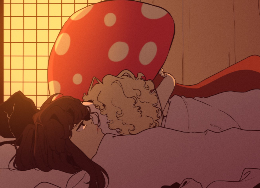 2girls 500_dollar_four_foot_tall_mareep annoyed bare_arms blanket brown_hair chemise frown hakurei_reimu hat hat_removed headwear_removed kirisame_marisa linmiee lips meme messy_hair multiple_girls mushroom object_hug oversized_object sleeping sleeveless strap stuffed_toy sunset touhou unamused under_covers wavy_hair witch_hat