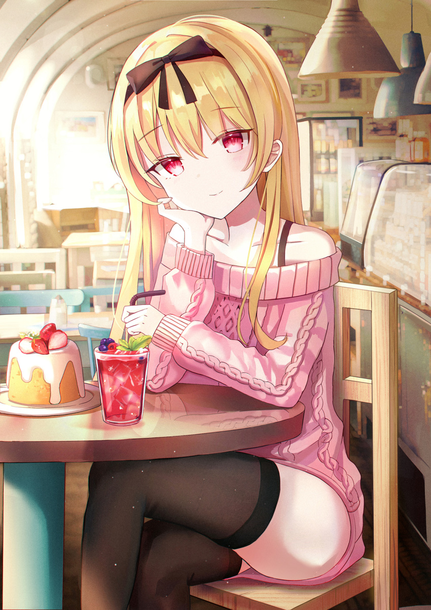 1girl aran_sweater arifureta_shokugyou_de_sekai_saikyou bangs bare_shoulders bendy_straw black_bow black_hairband black_legwear black_ribbon blonde_hair blurry blurry_background blush bow breasts cafe cake ceiling_light chair closed_mouth collarbone commentary_request crossed_legs cup dress drink drinking_glass drinking_straw eyebrows_visible_through_hair feet_out_of_frame food fruit hair_between_eyes hair_bow hair_ribbon hairband hand_on_own_face highres holding indoors iren_lovel long_hair long_sleeves looking_at_viewer off-shoulder_sweater off_shoulder on_chair pink_sweater plate red_eyes ribbon sitting sleeves_past_wrists smile solo strawberry sweater sweater_dress table thigh-highs very_long_hair yue_(arifureta)