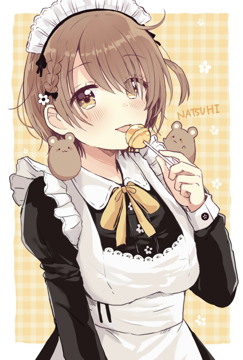 1girl animal animal_on_shoulder apron bangs bear black_dress bow braid breasts brown_eyes brown_hair collared_dress dress eyebrows_visible_through_hair food hair_over_one_eye hand_up highres holding holding_food holding_lollipop juliet_sleeves licking long_sleeves maid maid_apron maid_headdress medium_breasts original plaid plaid_background puffy_sleeves sakura_oriko short_hair solo tongue tongue_out two-tone_background white_apron white_background yellow_background yellow_bow