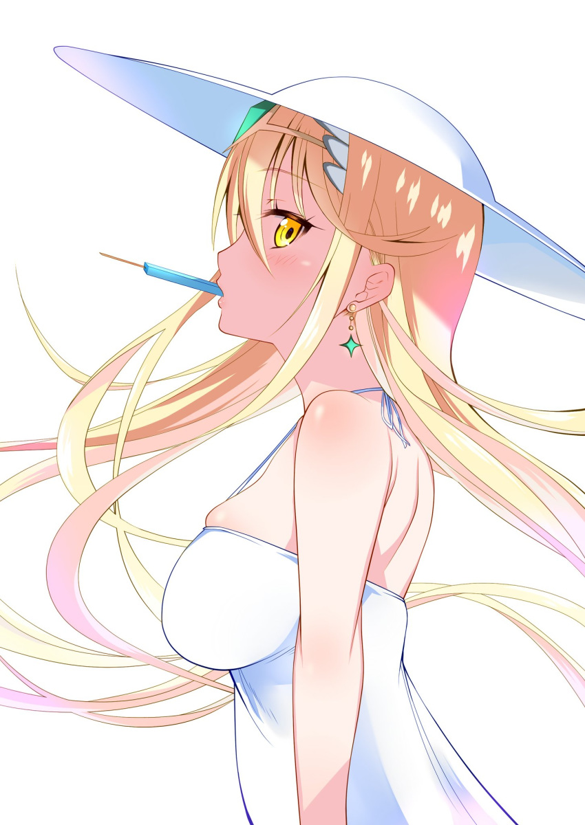 1girl alternate_costume bangs bare_arms bare_shoulders blonde_hair breasts daive dress food from_side gem hat highres large_breasts long_hair mythra_(xenoblade) popsicle profile simple_background skindentation sun_hat sundress swept_bangs upper_body white_background white_dress white_headwear xenoblade_(series) xenoblade_2 yellow_eyes