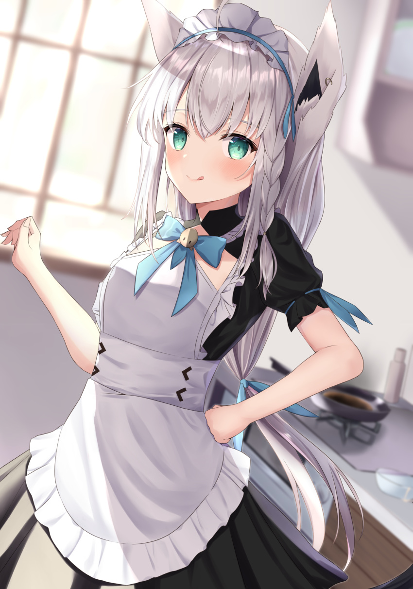1girl :q ahoge animal_ears apron aqua_eyes bangs black_dress blue_bow blurry blurry_background blush bow braid closed_mouth commentary_request depth_of_field dress eyebrows_visible_through_hair fox_ears fox_girl frilled_apron frills green_eyes hair_between_eyes hair_ornament hand_on_hip highres hololive indoors kitchen long_hair looking_at_viewer maid maid_apron maid_headdress puffy_short_sleeves puffy_sleeves saki_(saki_paint) shirakami_fubuki short_sleeves side_braid sidelocks silver_hair smile solo tail tongue tongue_out virtual_youtuber white_apron