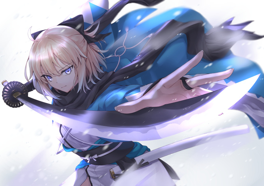 1girl absurdres ahoge bangs black_bow black_scarf blonde_hair blue_eyes bow closed_mouth commentary_request cowboy_shot eyebrows_visible_through_hair fate_(series) foreshortening hair_bow hands highres holding holding_sword holding_weapon japanese_clothes katana kimono koha-ace long_sleeves looking_at_viewer motion_blur obi okita_souji_(fate) okita_souji_(fate)_(all) open_clothes sash scarf serious sheath short_hair short_ponytail simple_background solo sword tassel v-shaped_eyebrows weapon white_background white_kimono wide_sleeves wrist_guards yu_sa1126