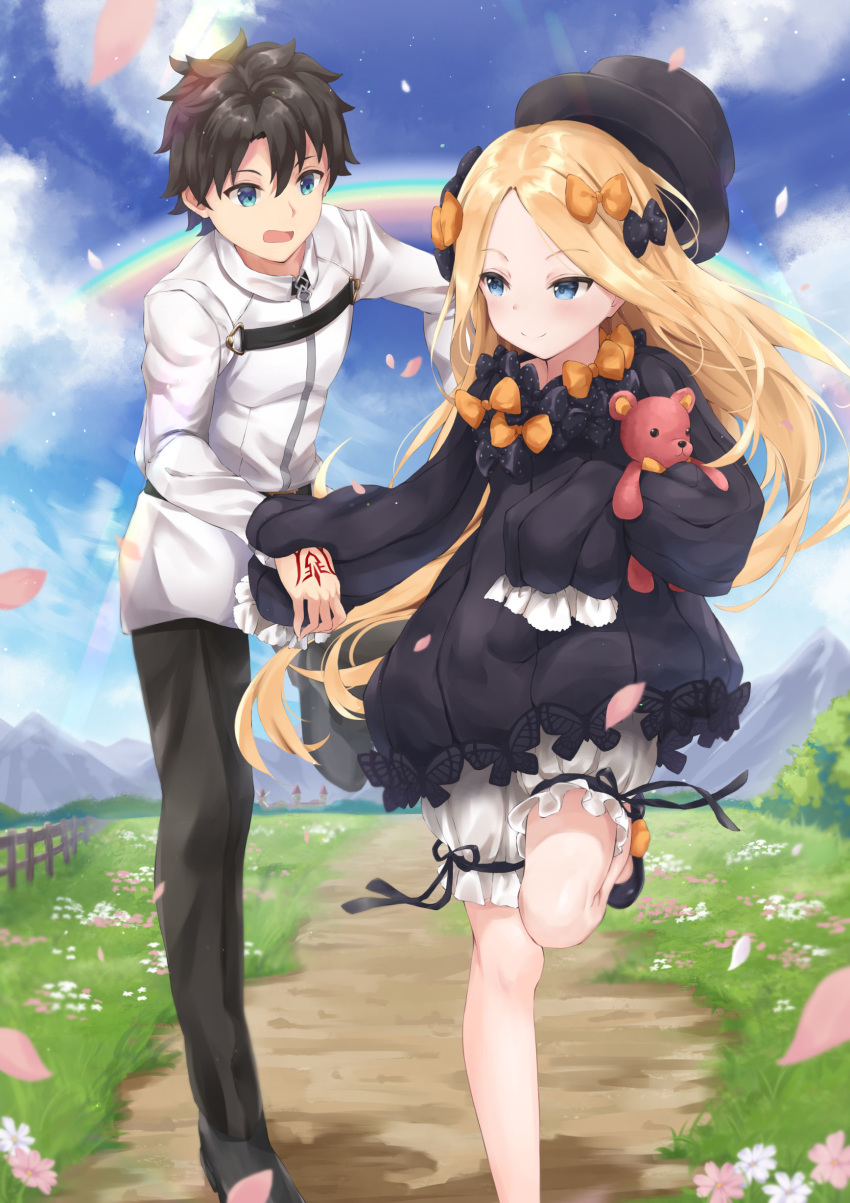 1boy 1girl abigail_williams_(fate/grand_order) absurdres bangs black_bow black_dress black_hair black_headwear blonde_hair blue_eyes blue_sky blush bow breasts chaldea_uniform closed_mouth dress fate/grand_order fate_(series) forehead fujimaru_ritsuka_(male) hair_bow hat highres kuroisiro long_hair multiple_bows open_mouth orange_bow parted_bangs polka_dot polka_dot_bow ribbed_dress running short_hair sky sleeves_past_fingers sleeves_past_wrists small_breasts smile stuffed_animal stuffed_toy teddy_bear white_bloomers