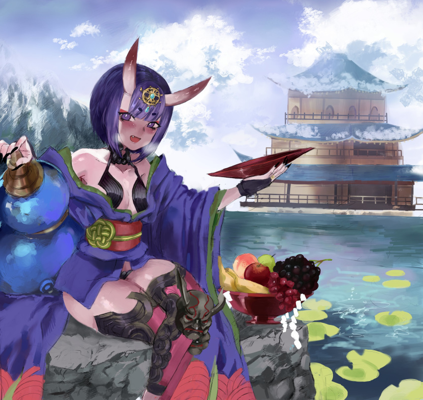 1girl absurdres alcohol architecture blush bob_cut east_asian_architecture fang fangs fate/grand_order fate_(series) food fruit fruit_bowl gourd highres horns japanese_clothes kimono mountain nail_polish oni open_mouth pond purple_hair rock rye_(hyn_uka) sake sash shuten_douji_(fate/grand_order) sitting snow solo steam teeth violet_eyes water