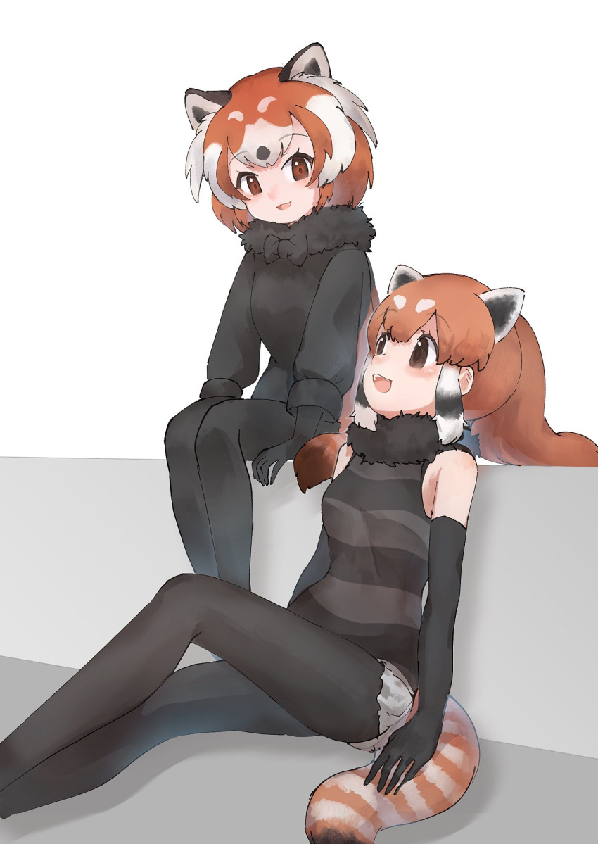 2girls :3 animal_ears bare_shoulders black_fur black_gloves black_legwear black_neckwear black_shirt black_sweater bow bowtie brown_eyes commentary_request elbow_gloves extra_ears eyebrows_visible_through_hair fur_collar gloves highres kemono_friends lesser_panda_(kemono_friends) long_hair long_sleeves looking_at_another multicolored_hair multiple_girls multiple_persona panda_ears panda_girl panda_tail pantyhose redhead shirt short_hair short_shorts shorts sidelocks sitting sleeveless striped striped_shirt sweater tatsuno_newo white_hair