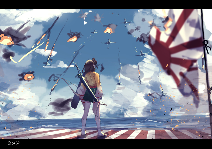 1girl absurdres aircraft airplane arrow_(projectile) black_footwear black_hair blue_sky blurry blurry_foreground bow_(weapon) burning clouds commentary day depth_of_field english_commentary facing_away fire green_hakama hakama hakama_skirt highres hiryuu_(aircraft_carrier) hiryuu_(kantai_collection) horizon huge_filesize japanese_clothes kantai_collection kimono kneehighs letterboxed ocean one_side_up outdoors quiver rising_sun signature sky solo standing sunburst tattered_flag tegar32 torn_flag war water weapon white_legwear yellow_kimono zouri