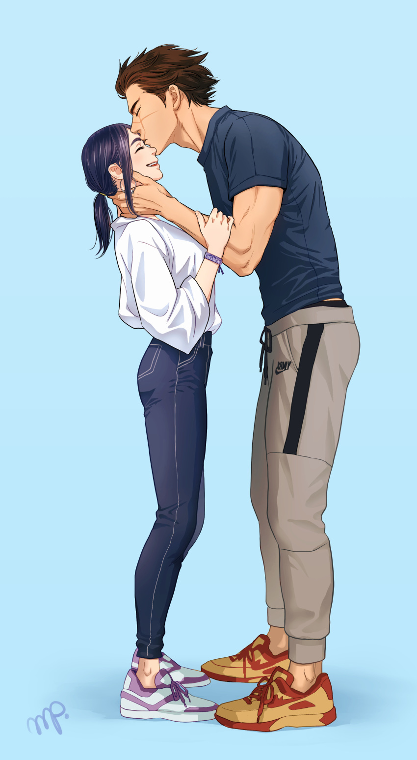 1boy 1girl absurdres alternate_hair_length alternate_hairstyle aqua_background asirpa bangs black_hair blue_pants blue_shirt brand_name_imitation breasts brown_hair closed_eyes commentary contemporary couple cross-laced_footwear denim earrings eyelashes facial_scar forehead_kiss from_side full_body golden_kamuy grey_pants hand_on_another's_cheek hand_on_another's_face hetero highres hoop_earrings jeans jewelry kiss kiss_day leaning_forward medium_breasts medium_hair mprichin nike older open_mouth pants parted_bangs ponytail profile scar shirt shoes short_hair short_sleeves signature simple_background smile sneakers standing sugimoto_saichi sweatpants white_footwear white_shirt wristband yellow_footwear