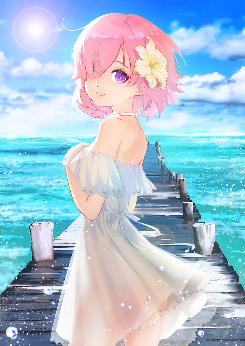 1girl absurdres alternate_costume bare_shoulders breasts clouds cloudy_sky commentary_request day dress fate/grand_order fate_(series) flower from_side hair_flower hair_ornament hair_over_one_eye highres large_breasts lavender_hair looking_at_viewer mash_kyrielight ocean outdoors parted_lips pink_hair sabl_(yufg8873) short_sleeves sky smile solo sun white_dress yellow_flower