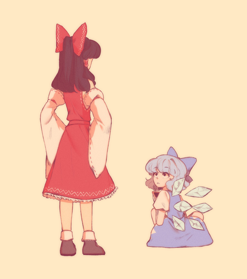 2girls bare_shoulders black_eyes black_hair blue_bow blue_dress blue_hair bow caught cirno dark_skin detached_sleeves dress frilled_skirt frills hair_ribbon hair_tubes hakurei_reimu hands_on_hips highres ice ice_wings linmiee multiple_girls parted_lips puffy_short_sleeves puffy_sleeves red_bow red_ribbon red_shirt red_skirt ribbon sarashi shirt shoes short_hair short_sleeves skirt socks surprised touhou wings