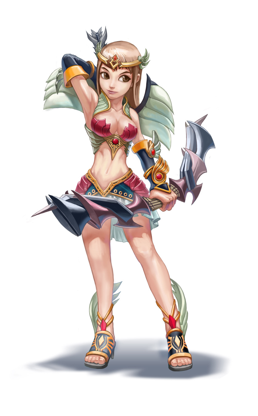 armor arrow bow_(weapon) brown_eyes brown_hair crown fantasy flyff hat highres midriff sandals toes weapon wings