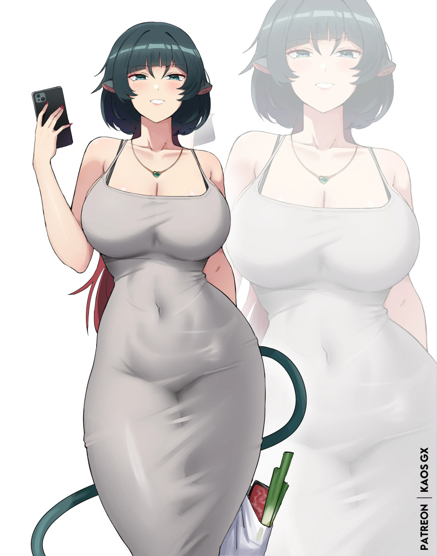 1girl alternate_costume animal_ears cellphone formal groceries grocery_bag jane_doe_(zenless_zone_zero) long_hair mouse_ears mouse_tail patreon_username phone smartphone zenless_zone_zero