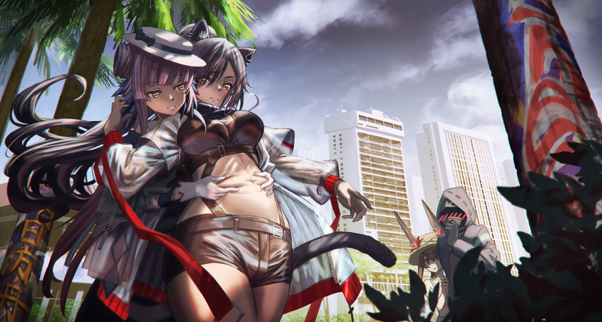 1other 3girls amiya_(arknights) animal_ears arknights belly_grab black_jacket black_scarf black_shorts bow breasts brown_hair bunny_girl cat_ears cat_girl cat_tail ceylon_(arknights) city cityscape commentary_request doctor_(arknights) ear_piercing gloves grey_hair hat hat_bow highres hironii_(hirofactory) hood hooded_jacket jacket large_breasts long_ponytail multiple_girls navel outdoors palm_tree piercing pink_hair rabbit_ears scarf schwarz_(arknights) shorts sun_hat tail tree white_gloves white_headwear white_jacket yellow_eyes