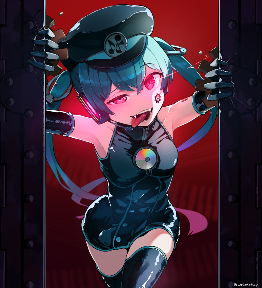 1girl aqua_hair bare_shoulders black_dress black_gloves black_headwear black_legwear cd commentary_request cosmo_(bousoup) cowboy_shot crack dress elbow_gloves facial_tattoo fangs gears gloves glowing glowing_eyes half-closed_eye hat hatsune_miku highres leaning_forward long_hair looking_at_viewer military_hat number_tattoo opening_door piano_keys raised_eyebrow red_background red_eyes sadistic_music_factory_(vocaloid) shiny shiny_clothes shoulder_tattoo sleeveless sleeveless_dress solo tattoo thigh-highs tongue tongue_out twintails twitter_username very_long_hair vocaloid zettai_ryouiki