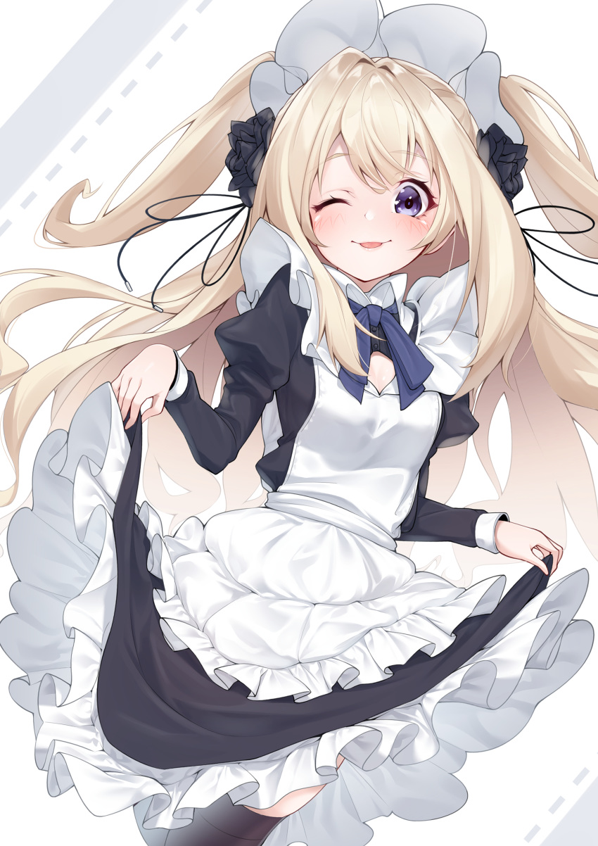 absurdres apron black_dress black_flower black_ribbon blonde_hair blue_eyes blush breasts commentary_request dress eyebrows_visible_through_hair flower frills hair_flower hair_ornament highres long_hair long_sleeves looking_at_viewer maid maid_apron maid_dress maid_headdress one_eye_closed original ribbon small_breasts smile takatun223 tongue tongue_out two_side_up