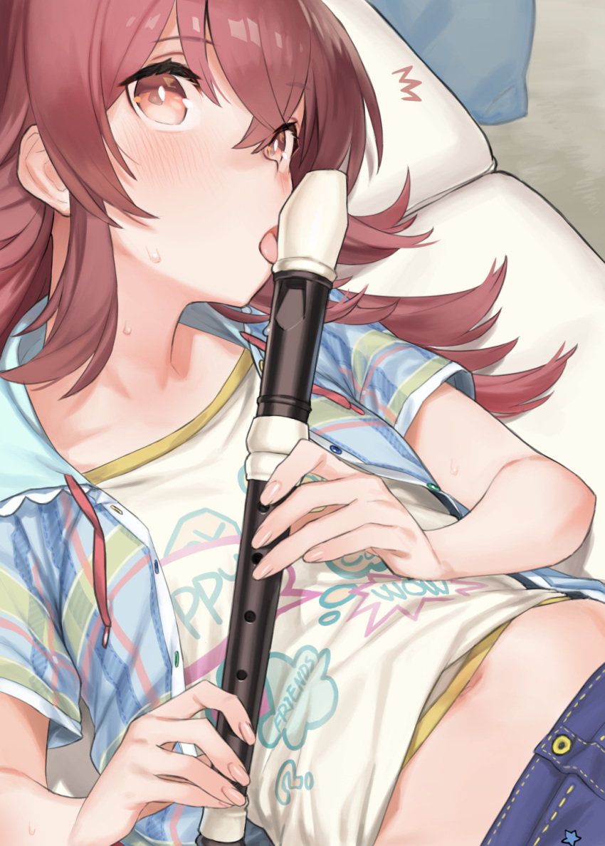 1girl 92m bangs blue_jacket blush brown_eyes brown_hair checkered_jacket clothes_writing collarbone commentary_request denim eyebrows_visible_through_hair flute hair_between_eyes highres holding holding_instrument idolmaster idolmaster_shiny_colors indoors instrument jacket komiya_kaho long_hair looking_at_viewer lying multicolored multicolored_clothes multicolored_jacket navel on_back pillow shirt shirt_lift short_sleeves shorts sidelocks solo sweat tongue tongue_out upper_body white_shirt