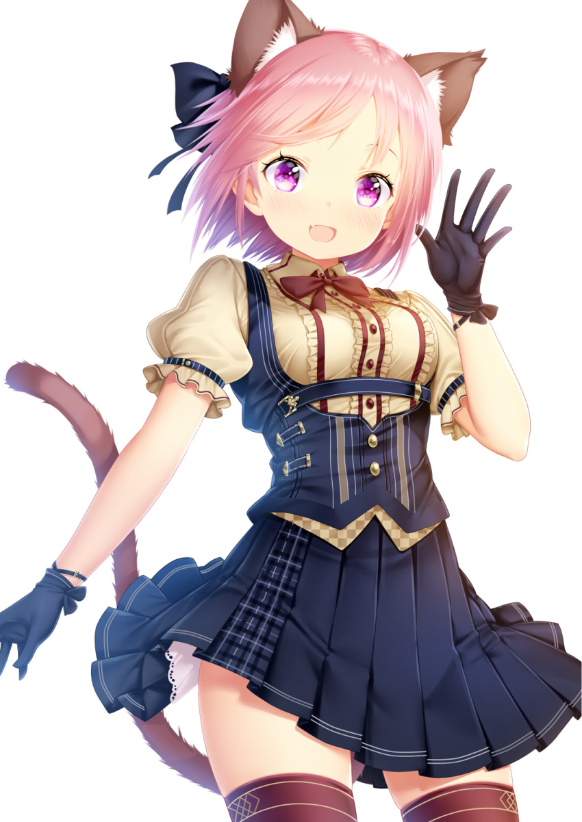 1girl animal_ears bangs black_gloves black_legwear blush breasts cat_ears cat_tail fang frilled_shirt frills gloves highres looking_at_viewer medium_breasts open_mouth original parted_bangs pink_hair pleated_skirt puffy_short_sleeves puffy_sleeves shirt short_hair short_sleeves skirt solo tail thigh-highs violet_eyes white_background zizi_(zz22)