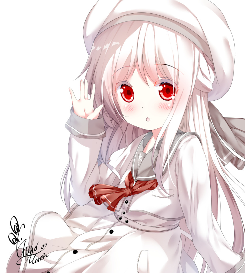 1girl albino bangs beret blush chinomaron commentary_request eyebrows_visible_through_hair grey_ribbon grey_sailor_collar hand_up hat highres long_hair long_sleeves original parted_lips red_eyes red_neckwear sailor_collar school_uniform serafuku shirt signature simple_background skirt sleeves_past_wrists solo very_long_hair white_background white_hair white_headwear white_shirt white_skirt