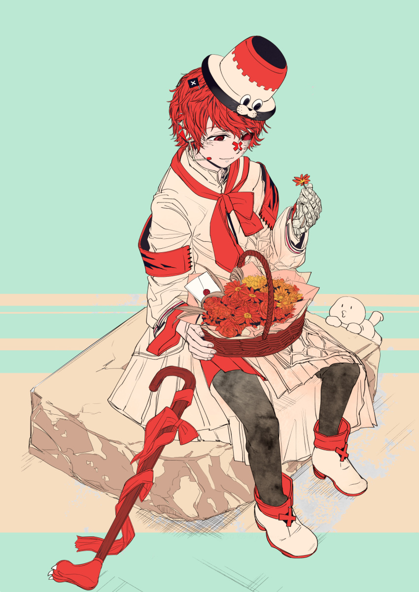 1boy armband bandaged_hand basket black_sclera cane coat commentary_request danaka envelope facial_scar flag flower fukase headset highres holding holding_basket holding_flower looking_at_object looking_down male_focus neckerchief paws point_(vocaloid) pouty_lips red_eyes red_neckwear redhead rock scar sitting vocaloid white_coat