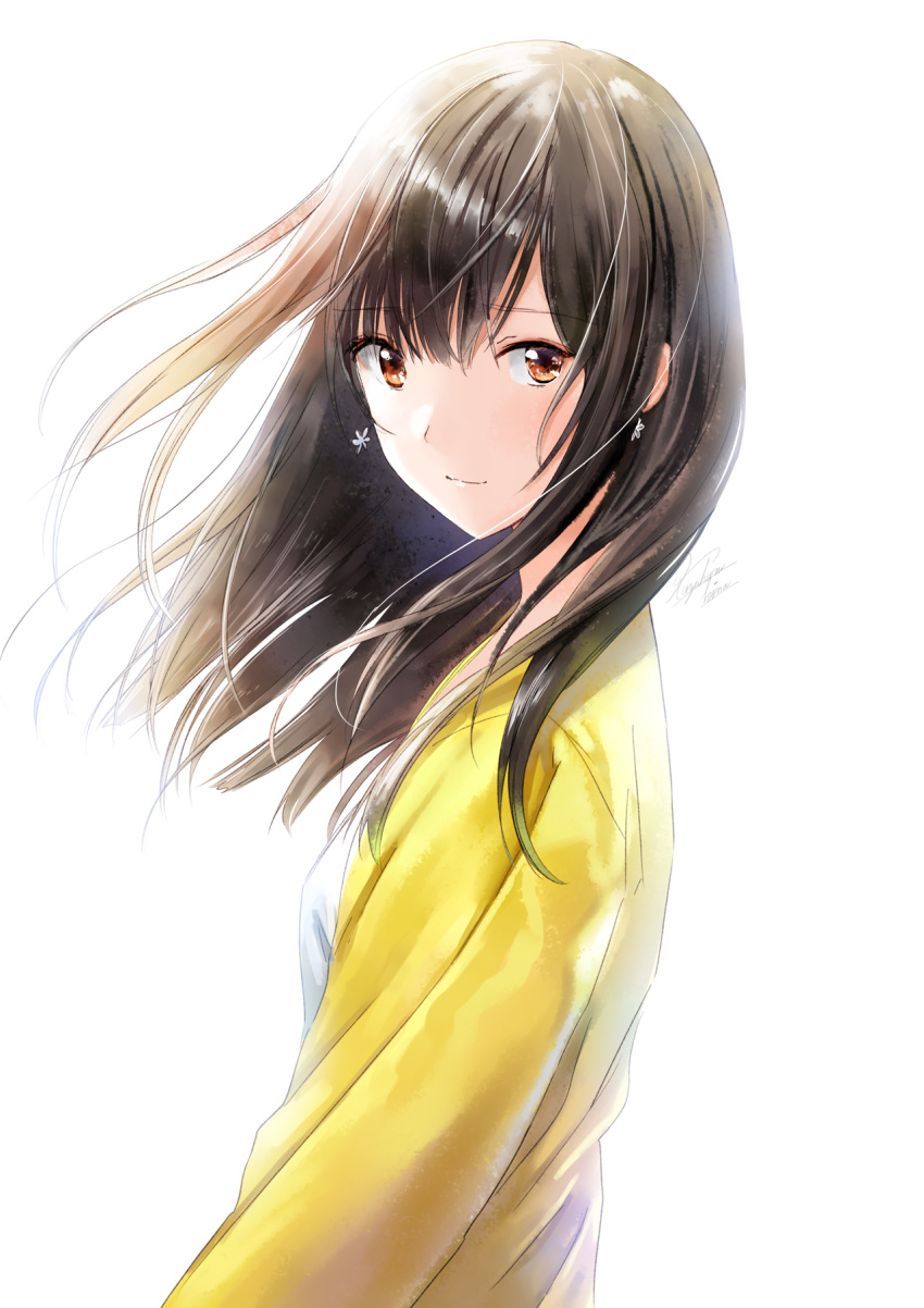 1girl breasts brown_eyes earrings eyebrows_visible_through_hair highres jewelry kazuharu_kina looking_at_viewer shiny shiny_hair shirt signature simple_background small_breasts smile white_background white_shirt yellow_cardigan
