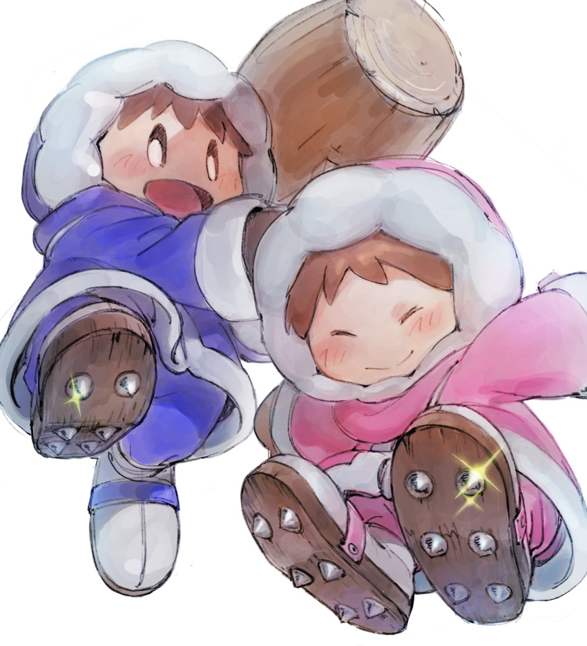 1boy 1girl :d blush brown_hair closed_eyes clothing_request commentary_request highres holding holding_hammer home_(houmei) ice_climber looking_at_viewer nana_(ice_climber) open_mouth popo_(ice_climber) simple_background smile super_smash_bros. white_background
