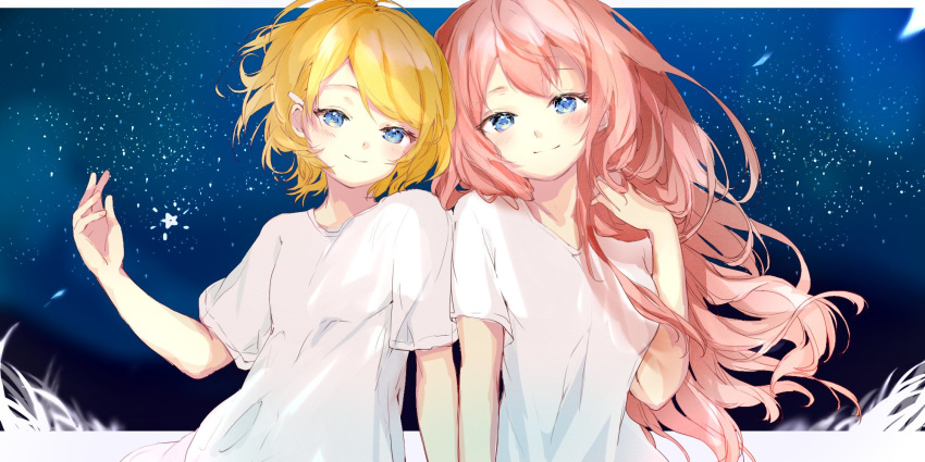 2girls blonde_hair blue_eyes closed_mouth commentary half-closed_eyes hand_up highres kagamine_rin light_blush long_hair looking_at_viewer megurine_luka multiple_girls night night_sky oyamada_gamata pink_hair shirt short_hair short_sleeves side-by-side sky smile star_(sky) star_(symbol) starry_sky t-shirt upper_body v-neck vocaloid white_shirt