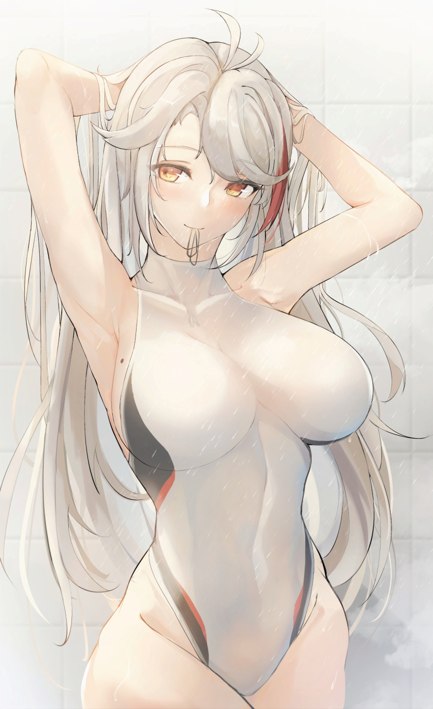 1girl absurdres antenna_hair armpits arms_behind_head arms_up azur_lane bangs blush breasts closed_mouth covered_navel highleg highleg_swimsuit highres large_breasts long_hair looking_at_viewer mole mole_on_breast multicolored_hair one-piece_swimsuit orange_eyes prinz_eugen_(azur_lane) redhead silver_hair smile streaked_hair swept_bangs swimsuit wet white_swimsuit yusha_(m-gata)