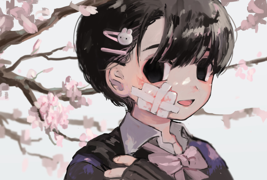 1girl :d bangs black_eyes black_hair black_sweater blood blood_on_face bow bowtie bunny_hair_ornament cherry_blossoms close-up collared_shirt ears empty_eyes fingernails hair_ornament hair_over_eyes hairclip hand_on_shoulder highres injury kirara_yakubou looking_at_viewer open_mouth original outdoors pink_bow pink_neckwear portrait ribbed_sleeves shiny shiny_hair shirt short_hair sleeves_past_wrists smile solo sweater swept_bangs tongue tree_branch