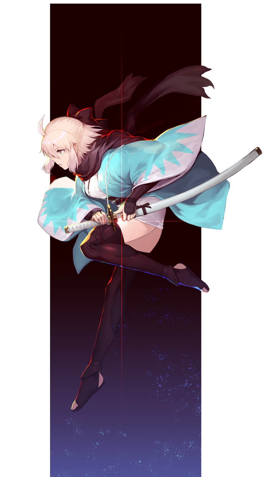 absurdres ahoge bow fate/grand_order fate_(series) gauntlets hair_bow haori highres holding holding_sword holding_weapon japanese_clothes katana kimono long_sleeves medium_hair miniskirt nakamura_eight okita_souji_(fate) okita_souji_(fate)_(all) pink_hair sash scarf skirt sword thigh-highs toes weapon yellow_eyes