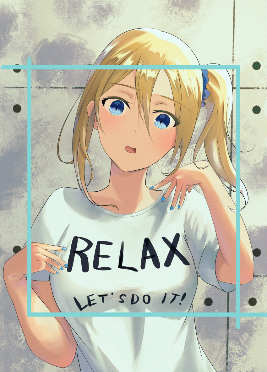 1girl absurdres aikawa_lotus bangs blonde_hair blue_eyes blue_nails breasts commentary eyebrows_visible_through_hair frame hair_between_eyes hair_ornament hair_scrunchie hayasaka_ai highres kaguya-sama_wa_kokurasetai_~tensai-tachi_no_renai_zunousen~ looking_at_viewer medium_breasts open_mouth scrunchie shirt short_sleeves side_ponytail solo white_shirt