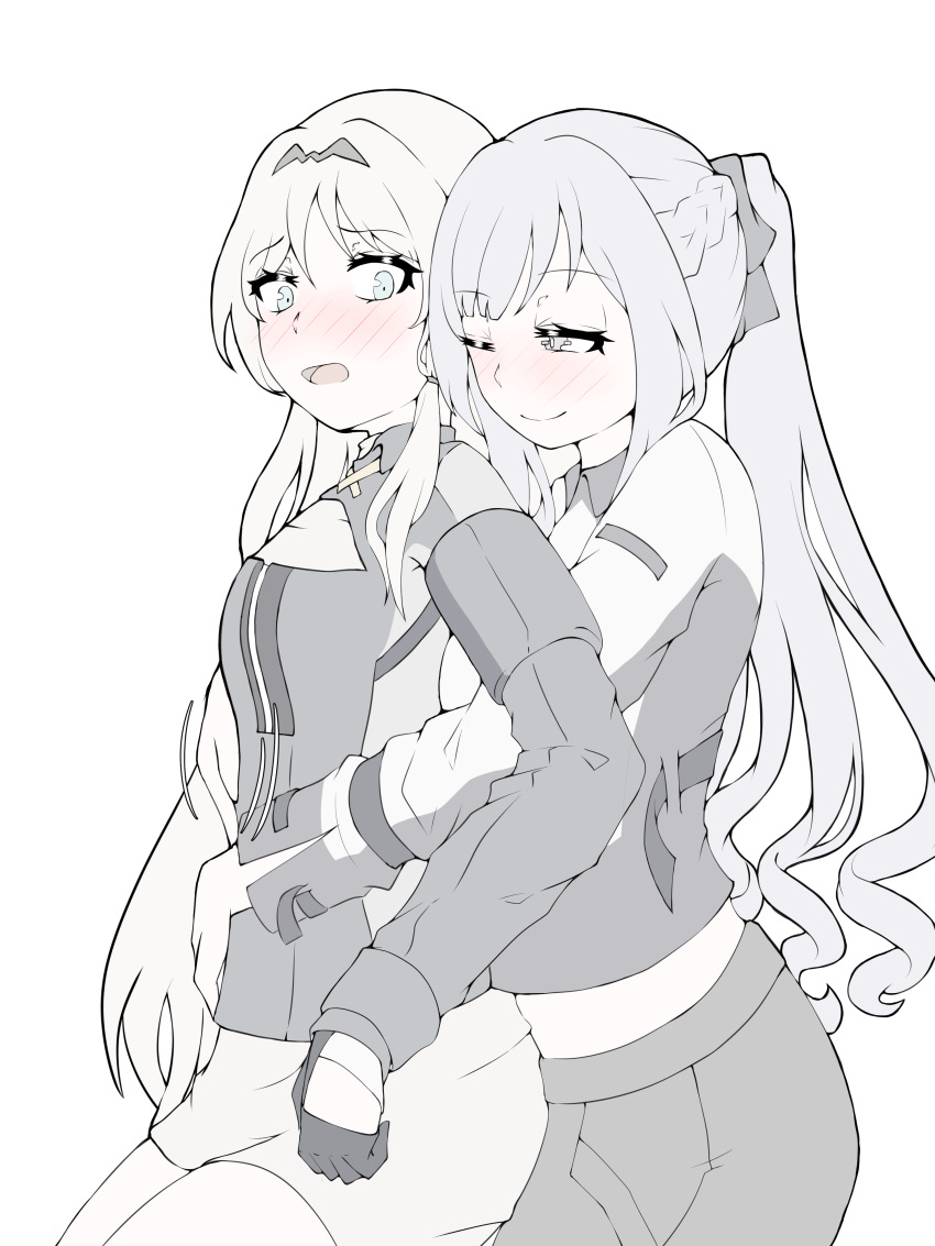 2girls absurdres ak-12_(girls_frontline) an-94_(girls_frontline) artificial_eye bangs blue_eyes blush braid closed_mouth eyebrows_visible_through_hair french_braid girls_frontline gloves high_ponytail highres holding_another hug hug_from_behind long_hair mechanical_eye multiple_girls one_eye_closed open_mouth parted_bangs physisyoon platinum_blonde_hair sidelocks silver_hair smile standing tactical_clothes